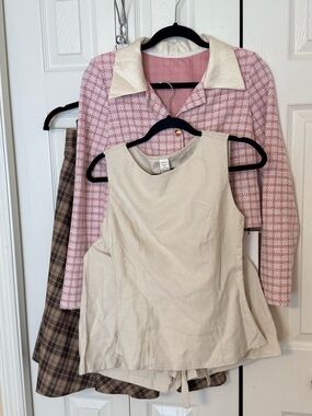 Cream Sleeveless Peplum Top/ shorts set, pink Tweed Jacket and Plaid long skirt.